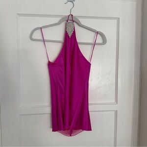 Vintage Trina Turk Hot Pink Silk Halter Top | Rhinestone Detail | Made in USA